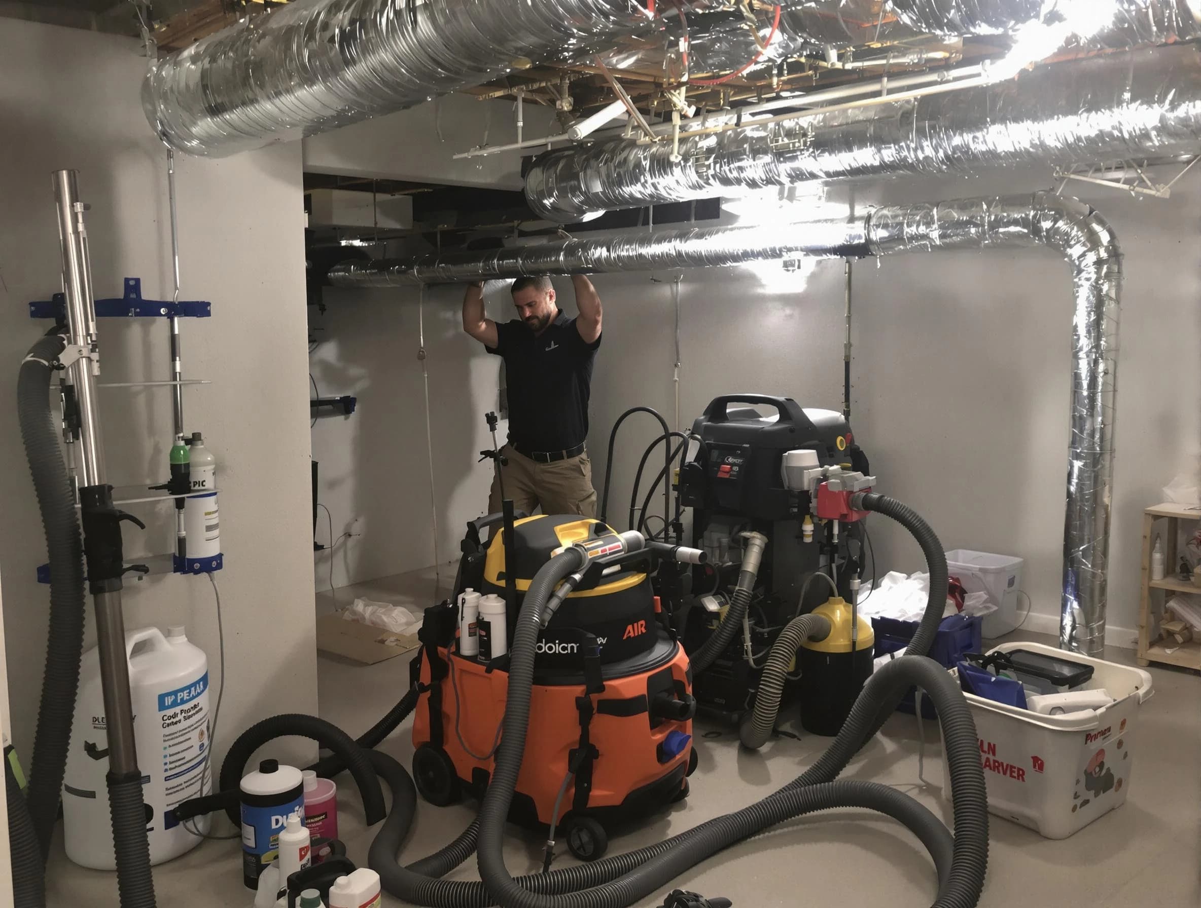 Midfield Air Duct Cleaning specialist performing professional mold removal from air ducts using safety equipment in Midfield